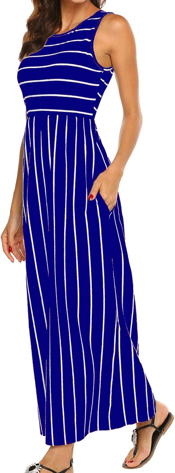 Women's Summer Sleeveless Striped Flowy Casual Long Maxi Dress with Pockets