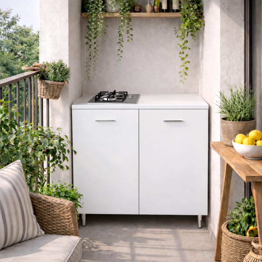 Shally Dogan Mobile Base da Cucina con Piano Cottura a Gas 2 Fuochi, 2 Ante, 80 x 60 x 85 cm, Piastre in Ghisa Resistenti, Montaggio con Piedini Fissi o Ruote, Kit Completo Monoblocco, Bianco
