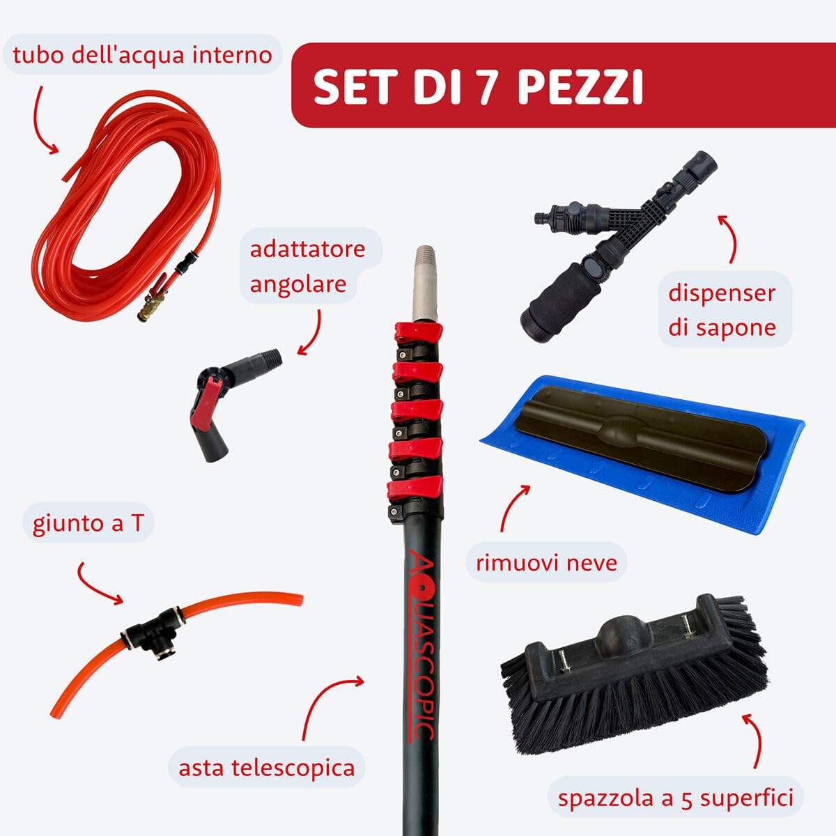 Aquascopic Astina telescopica 9 m con spazzaneve e spazzola a 5 superfici – per rimuovere neve e sporco in sicurezza da impianti solari, finestre, facciate e tetti