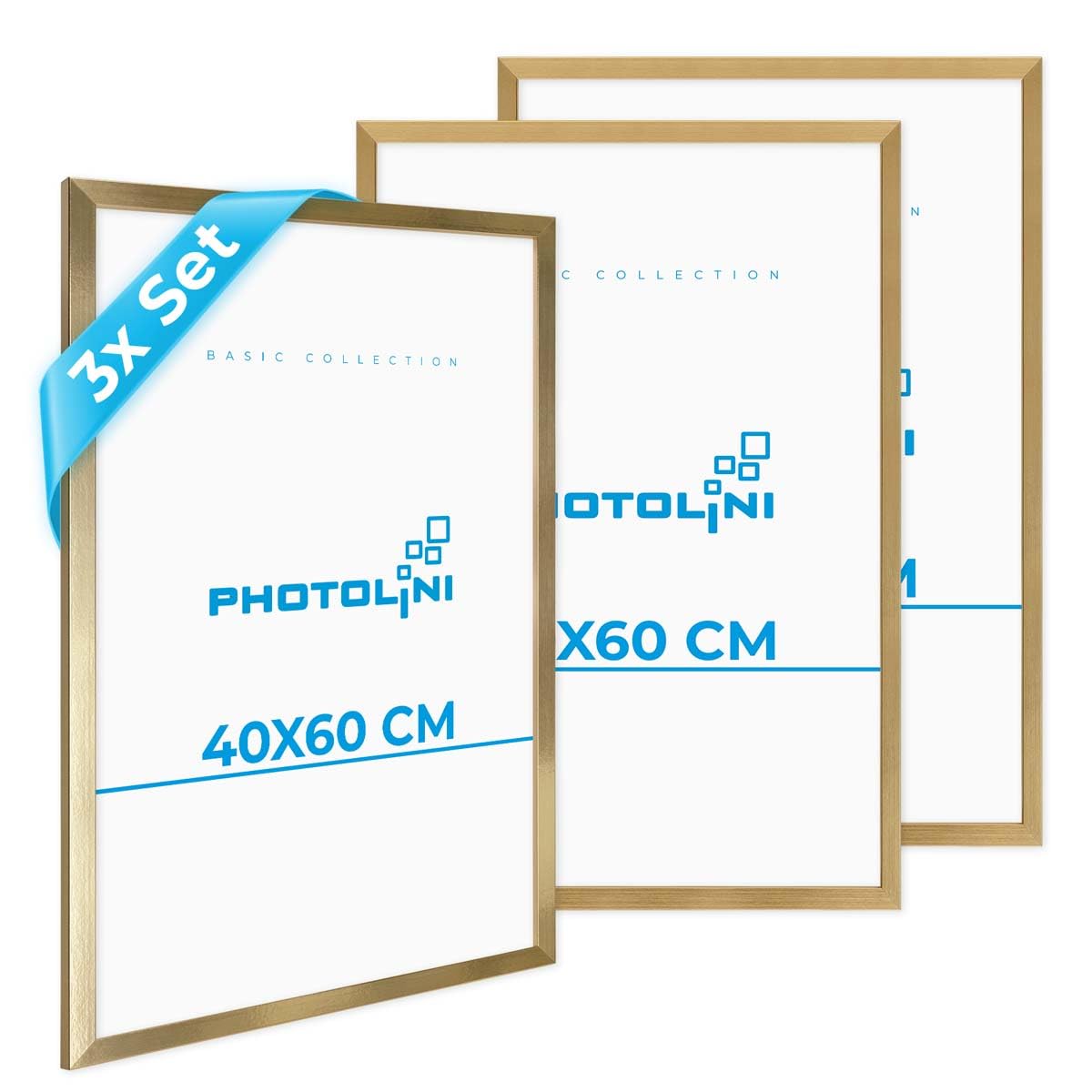 PHOTOLINI Marcos 40x60 cm oro madera MDF, set de 3 marcos para pósteres, cristal acrílico, para colgar, incluye accesorios - para fotos, láminas y pósteres