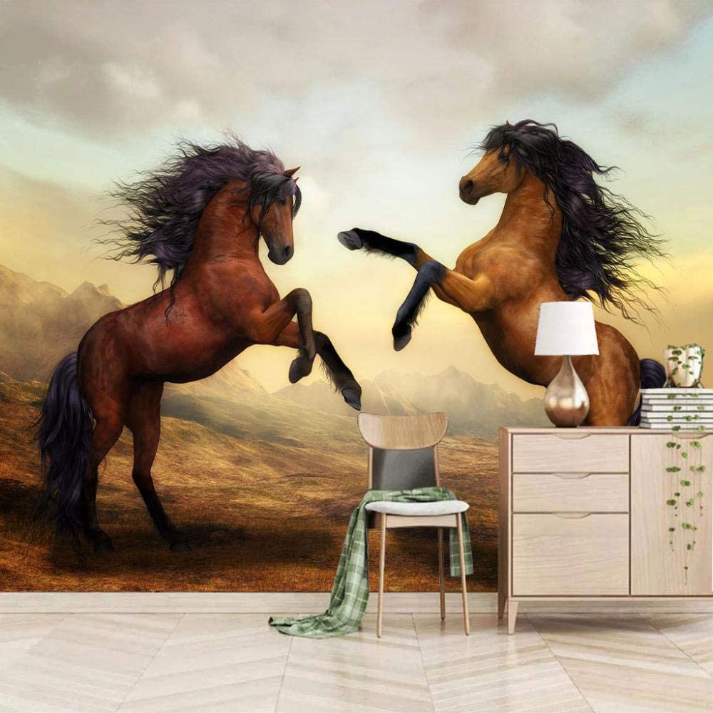 Arte Moderno 3D Mural Wallpaper, Animal Marrón Pareja Caballo Murales De Pared 3D Espacio Grande Papel Tapiz Decoración Pinturas, Sala De Estar Tv Bar Ktv Telón De Fondo Dormi 300(ancho)x210(alto)cm