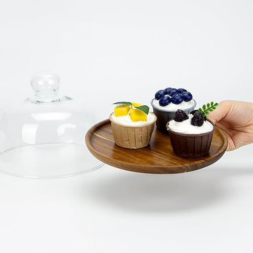 Miniatura 5 de Soporte para tartas con cúpula de cristal, 2 en 1 de madera de acacia para magdalenas, plato cubierto, bandeja de servidor de exhibición de frutas