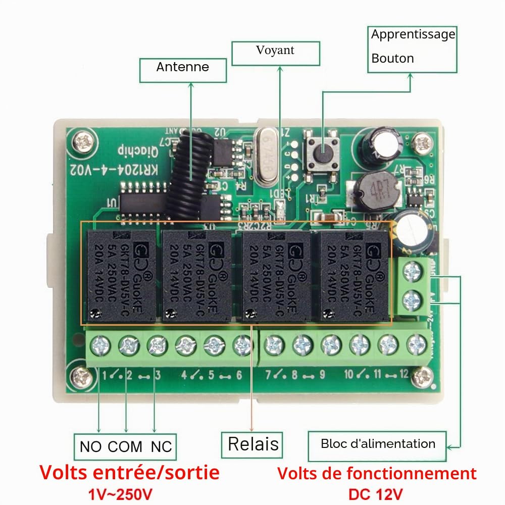 QIACHIP Commutateur de télécommande sans fil 6V 12V 24V, récepteur de Relais RF 10A 4CH 433Mhz avec 2 émetteurs pour Moteur, Porte de Garage, lumière, Rideau électrique, Bricolage