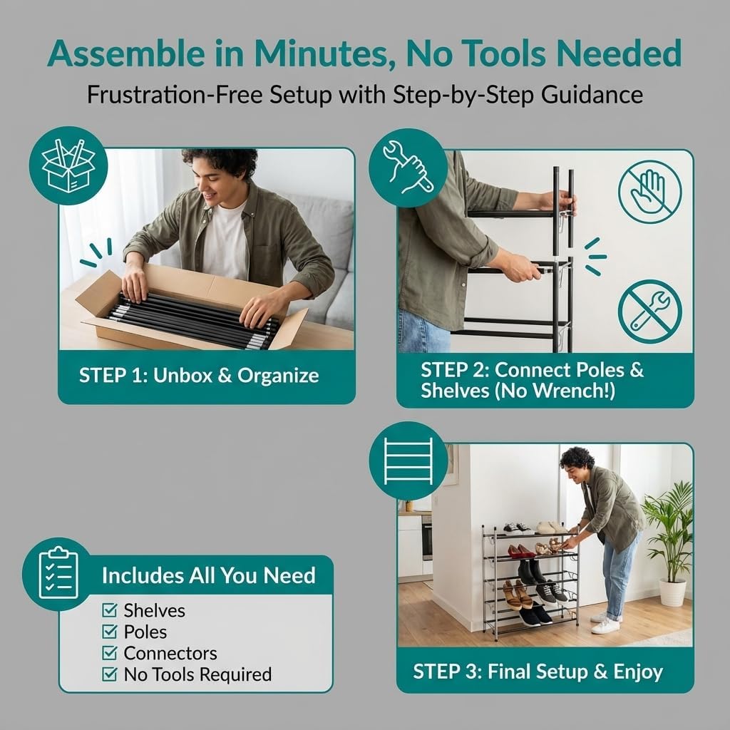 USTECH Expandable Shoe Rack, 5 Tier Adjustable Shoe Shelf Storage Organizer, Stackable Adjustable Standing Metal Shoe Shelf Organizer Storage, Alloy Steel Shoe Rack Adjustable