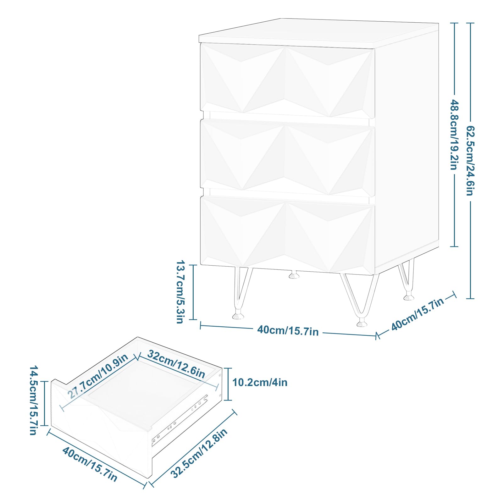 EUGAD Stolik nocny z 3 szufladami z efektem 3D, stolik pomocniczy, szafka nocna, 40 x 62,5 x 40 cm, do łóżka kontynentalnego, sypialni, salonu, dekoracyjny, biały + złoty, 0004CTG