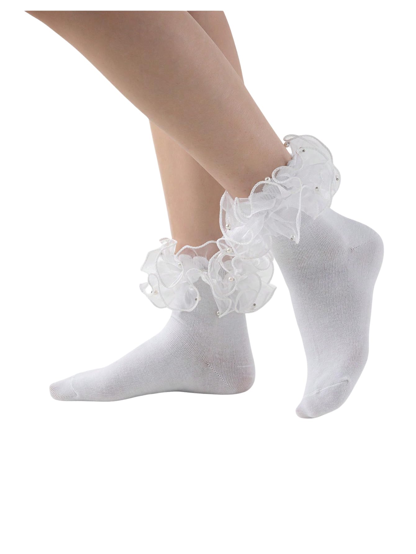 OYOANGLE Women's 1 Pair Mesh Ruffle Frilly Crew Socks Comfortable Princess Ankle Socks