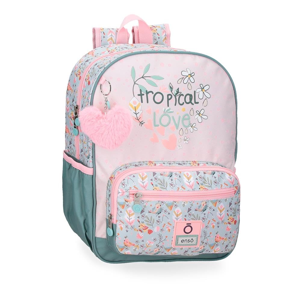 Enso Tropical love mochila escolar, mochilas infantiles, Espalda reforzada con tirantes anchos, ergonómico, fabricada en Poliéster, Incluye pompón decorativo, varios compartimentos
