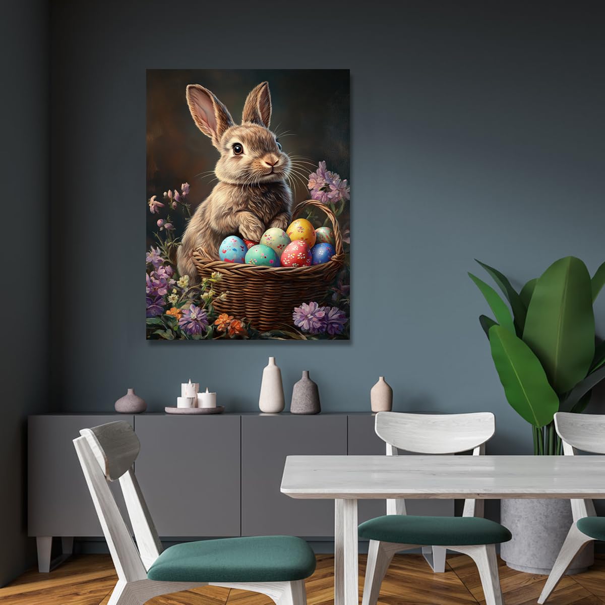TOANGWALL Wiosna Święta: Brązowy Brązowy Obraz Na Płótnie Pisanki Koszyk Kwiatowy Plakat Ciemne Tło Grawerowanie Mural Do Dekoracji Klasy 80x120cm