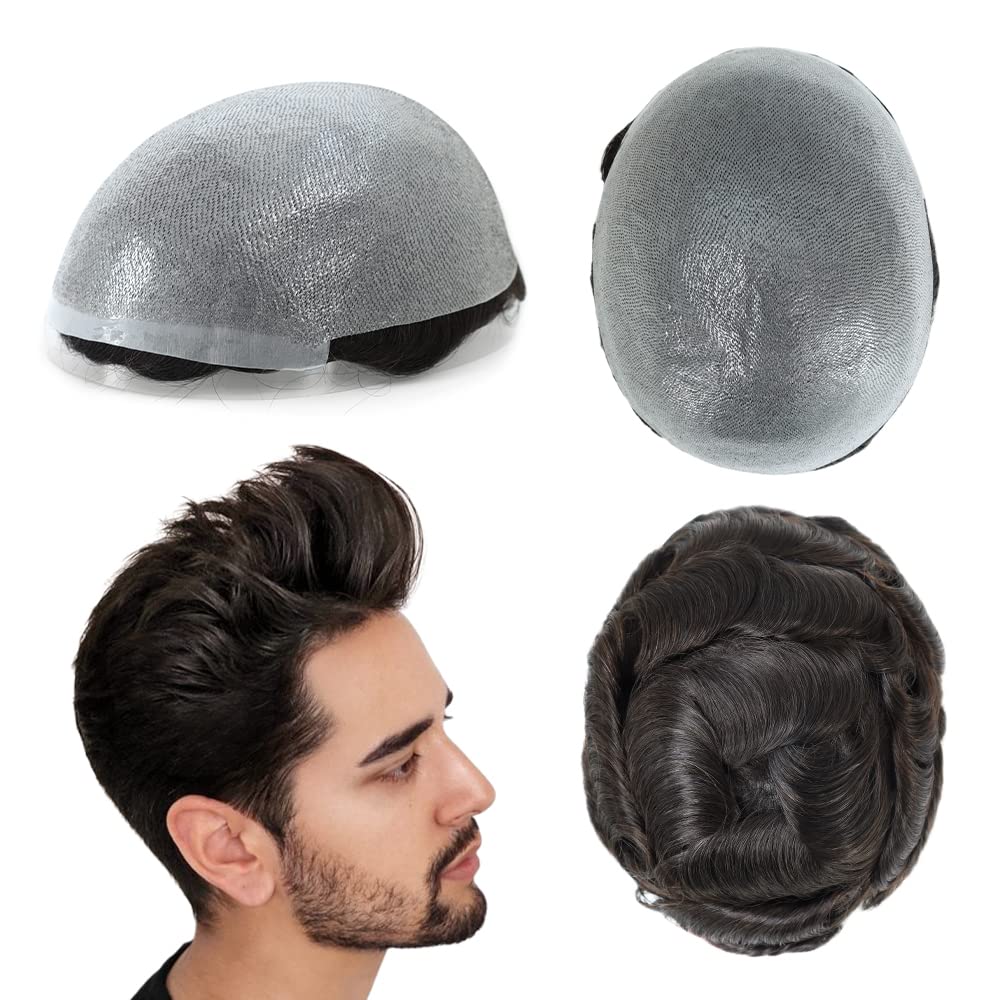 HAIR NATURE Toupee for Men Human Hair Replacement System 0.05mm Thin Skin Real Wigs Off Black Hair BIO #1B