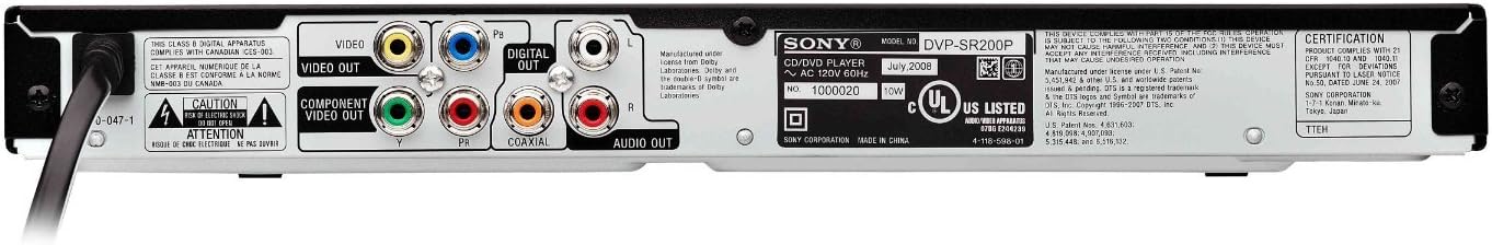 Rear panel of Sony DVP-SR200P/B DVD Player showing connection ports