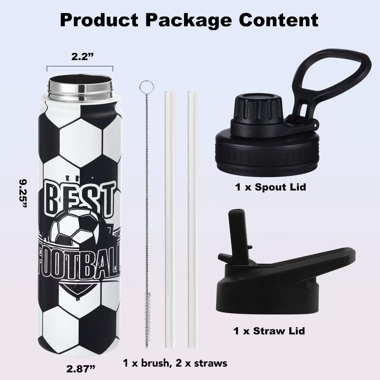 Soccer Water Bottle, 24 oz Insulated Stainless Steel Sports Bottle with Straw, Soccer Stuff Gifts for Boys