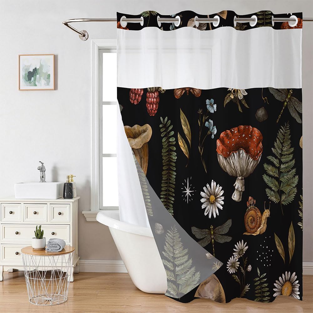 Vintage Mushroom No Hook Shower Curtain with Snap in Liner, Botanical Fern Forest Plants Shower Curtains, See Through Top Window Detachable Liner Replacement Fabric Shower Curtain, 71 x 74 Inch