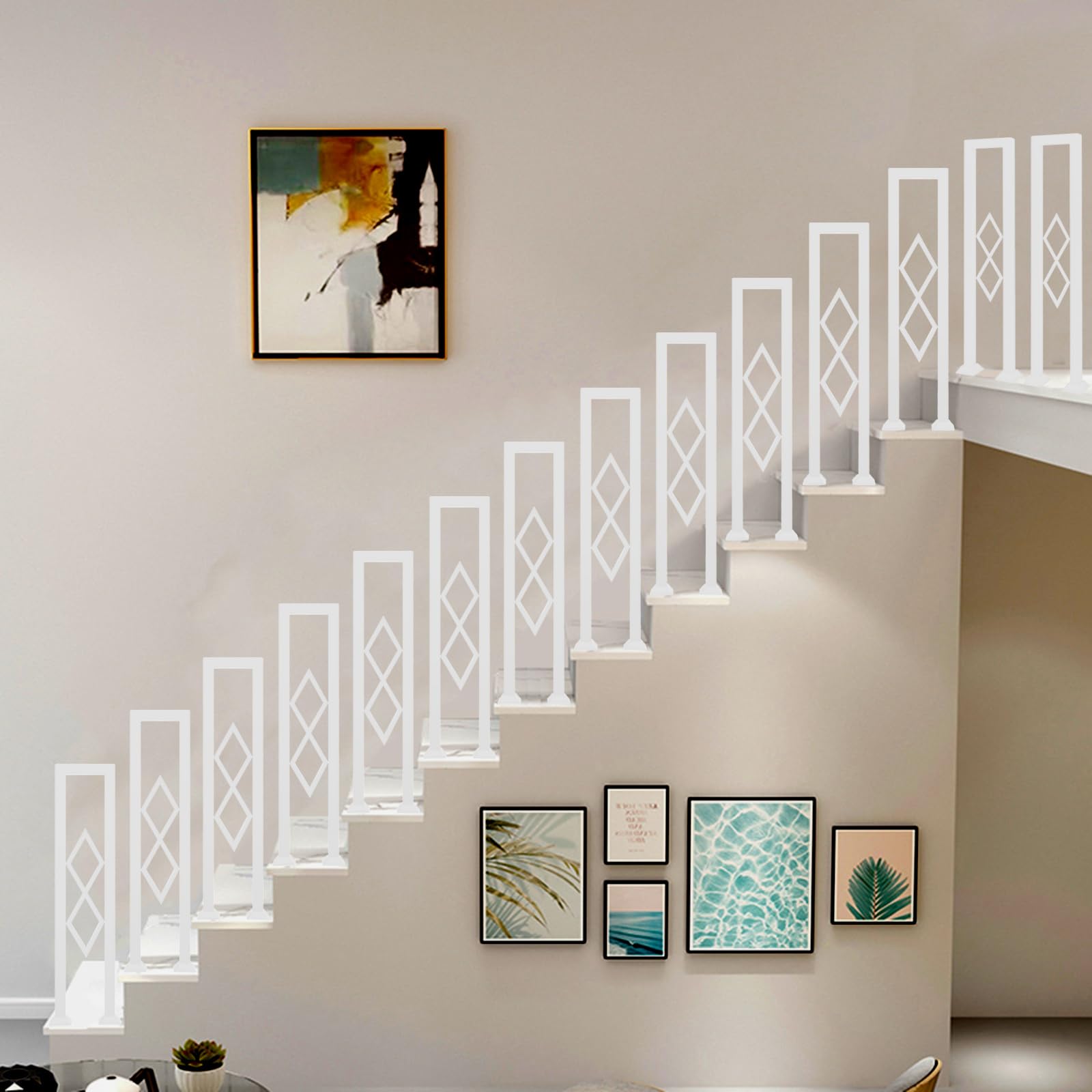 Barandilla Escalera en Forma de U, Metálico Pasamanos con Diseño Diamante y Base Tapa, Interior Parapeto para Loft, Balcón, Balaustre Exterior, Instalación Vertical (Blanco, 110cm)