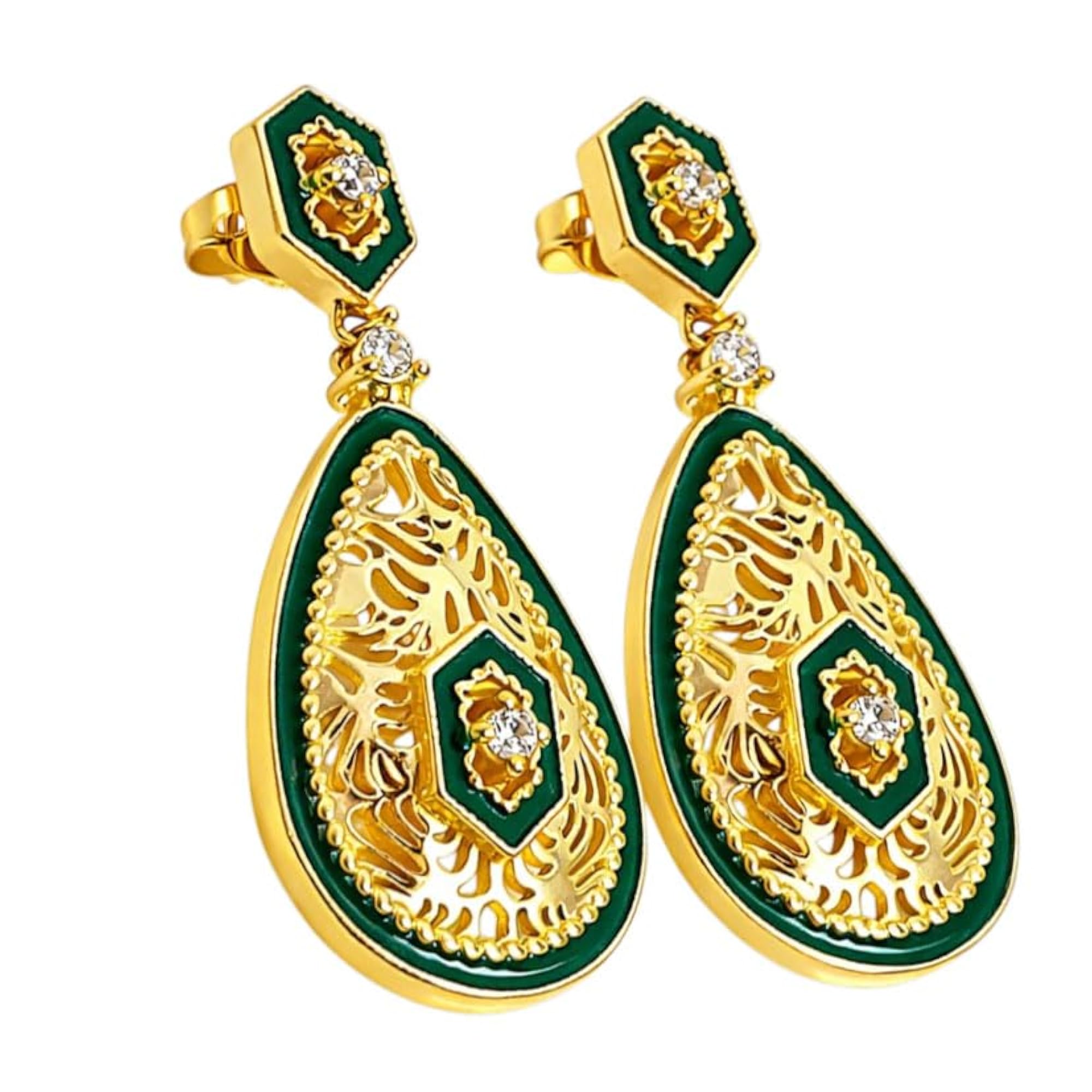 Elegant 18K Gold Plated Green Enamel Meenakari Dangle Earrings