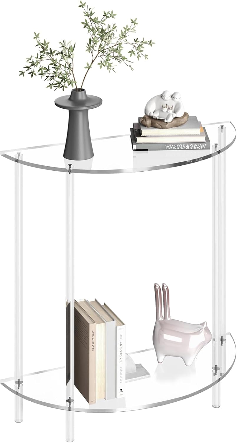Acrylic Console Table, 2-Tier Half Moon Sofa Couch Table with Storage Shelf, 29.53" Narrow Entryway Table for Bedroom, Living Room, Foyer, Hallway (Clear)