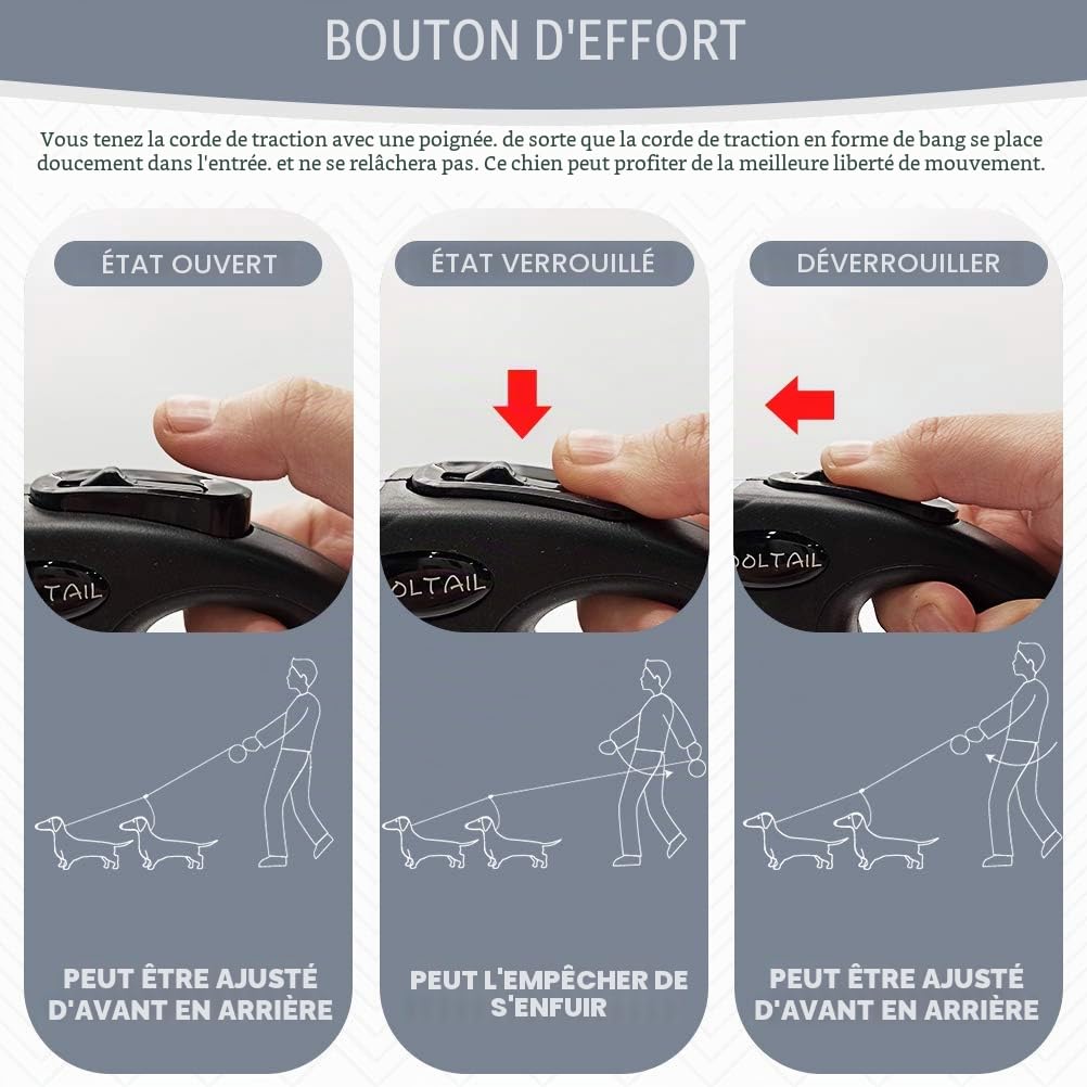 KOOLTAIL Laisse double rétractable pour deux chiens jusqu'à 50 kg, robuste à double tête, extensible à 360 °, sans enchevêtrement, laisse pour chiens de petite, moyenne et grande taille, gris