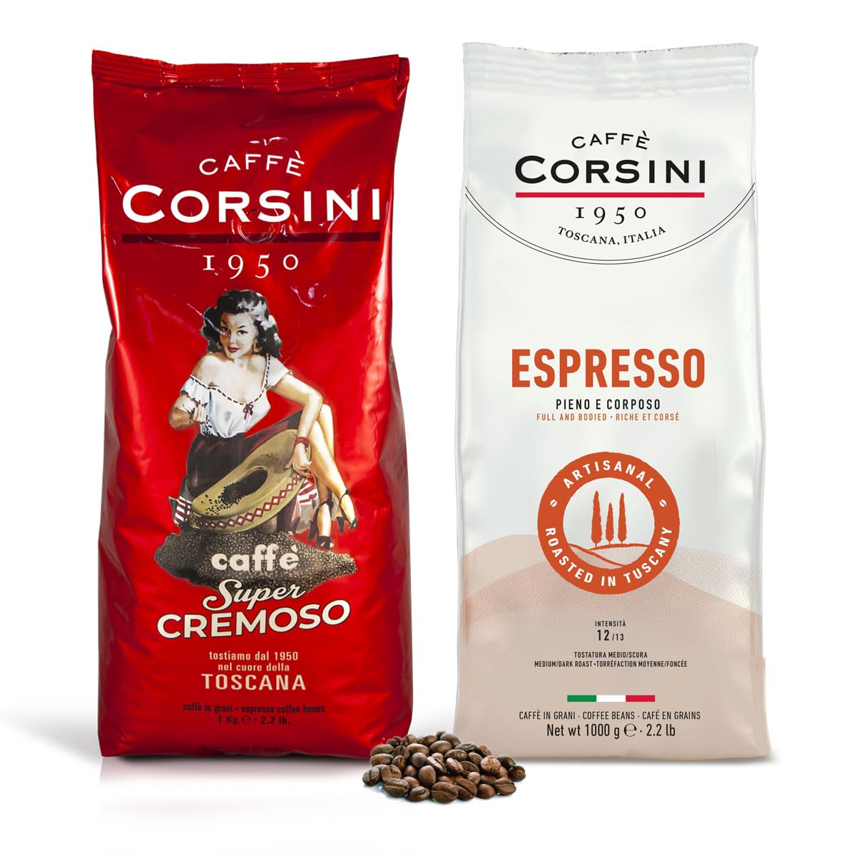 Caffè Corsini - Zestaw Kawy Ziarnistej Espresso w Domu jak w Kawiarni, Intensywny Smak, 2x1 kg, Łącznie Zestaw 2 kg