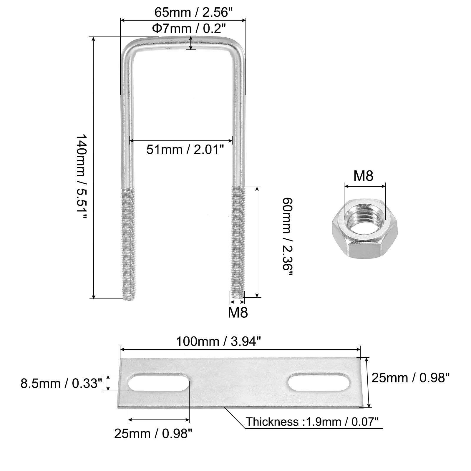 PATIKIL M8x50x140mm Square U-Bolts Kit - Image 2