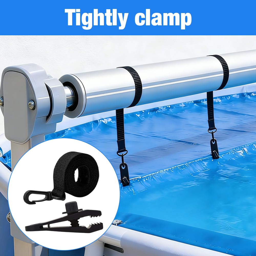 Lot de 8 Sangles de Maintien et Pinces pour Enrouleur Bâches Piscine, Accessoires Enrouleur de Couverture Solaire, Sangles de Serrage de Couverture de Piscine pour Bâche de Piscine Mobile