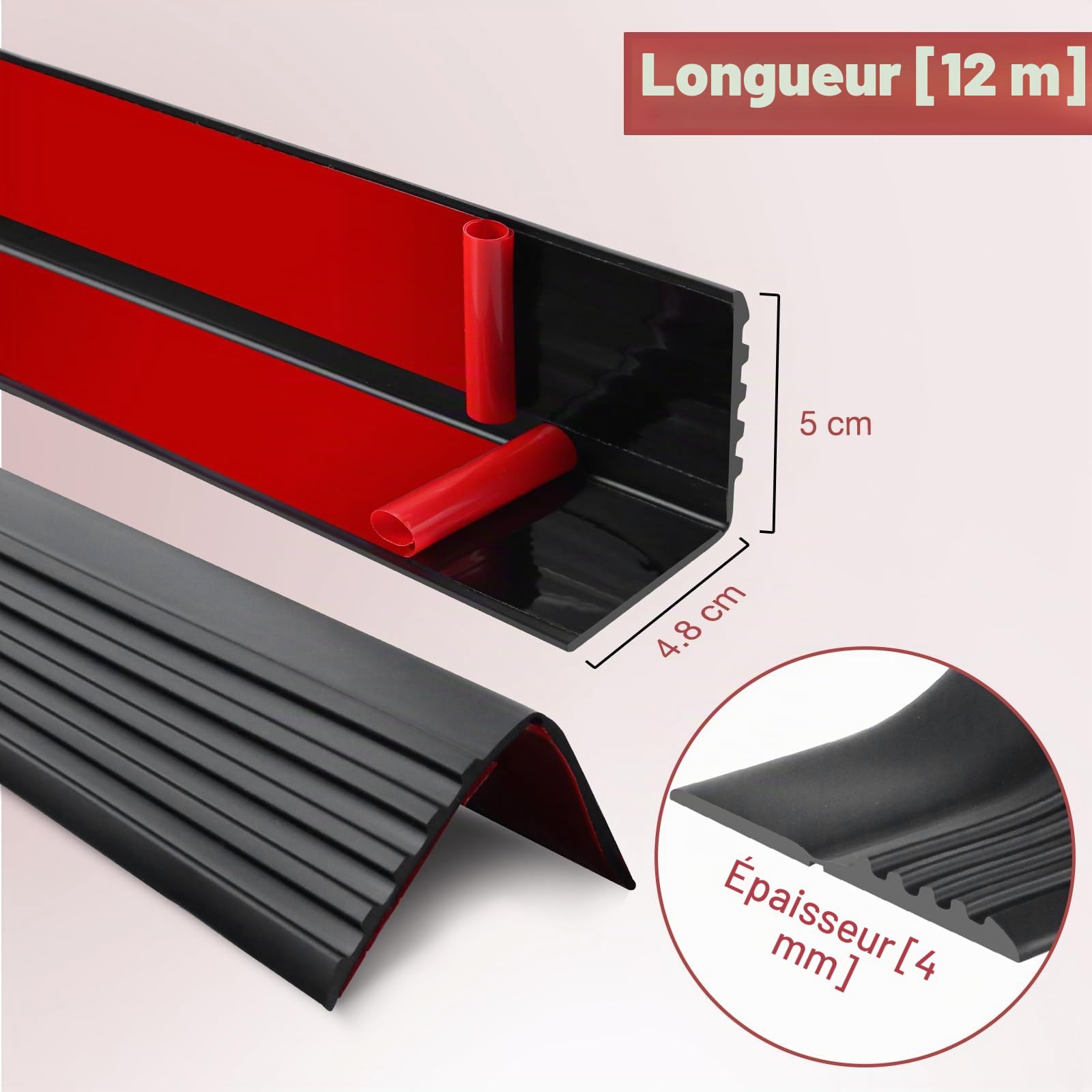 Nez d'escalier antidérapant en vinyle auto-adhésif, marches en PVC flexible pour intérieur et extérieur, imperméable et résistant à l'usure (5 + 4,8 x 12 m et noir)