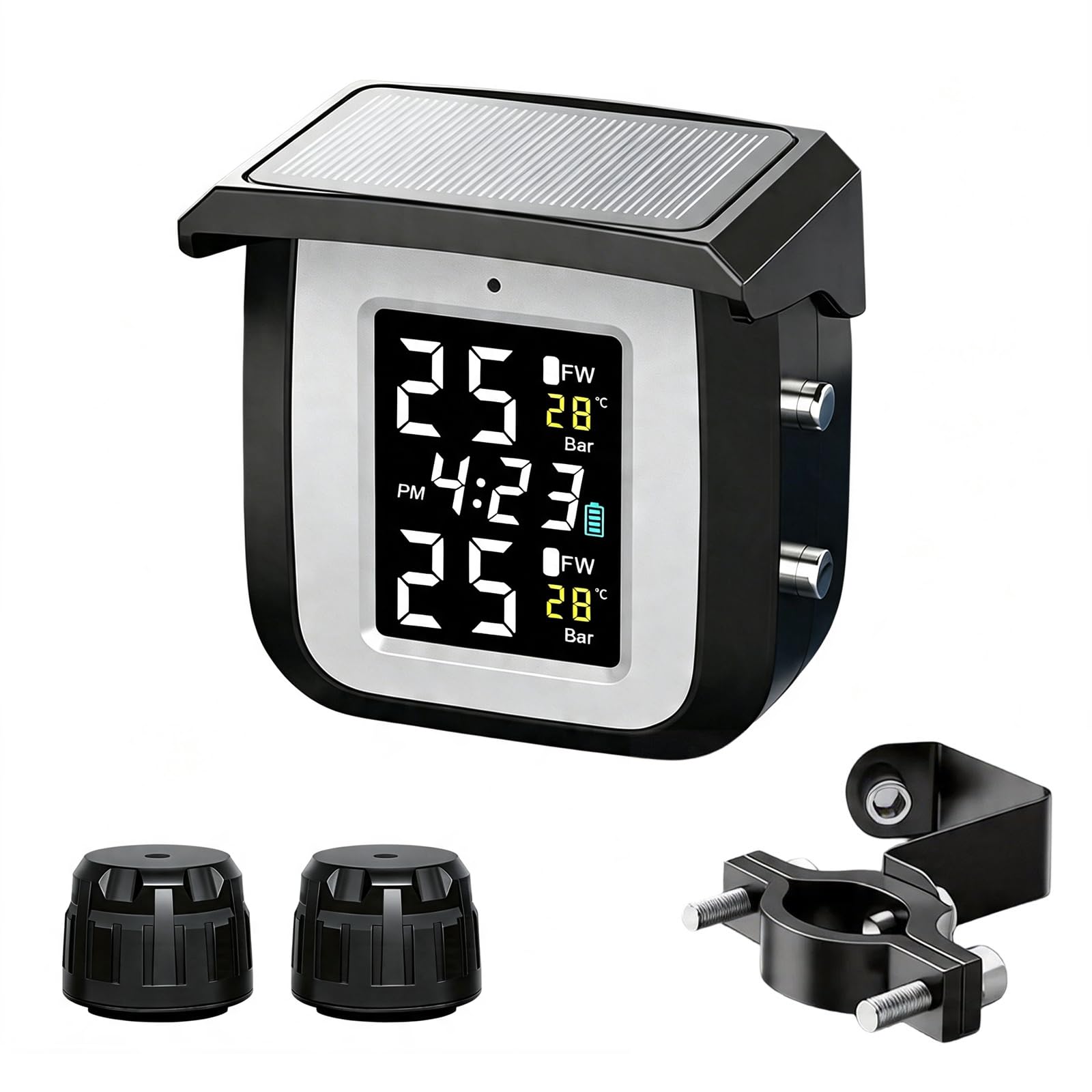 Sistema de control de presión de neumáticos para motocicleta, TPMS inalámbrico, cargador solar y USB, IP65 impermeable, apagado automático y despertar, 2 sensores de presión de neumáticos