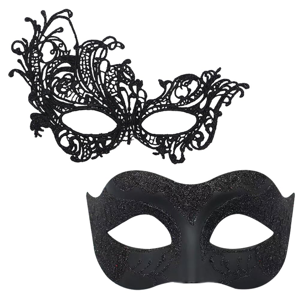 WFKKMEQ Masquerade Mask Couples Set, 2PCS Venetian Party Mask Fancy Dress Accessories Set Masque Costume Dress Party Accessories Cosplay Venetian Masks for Masquerade Carnival Dres Venetian(Black) — image 1