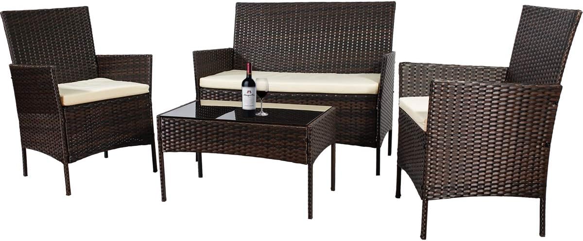 4 Pieces Outdoor Furniture Set Patio Rattan Conversation Furniture Set All-Weather Wicker Bistro Set Comfortable Chairs and Coffee Table Outdoor Indoor Use Patio Poolside Backyard Garden (Brown)