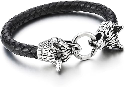 Miniatura 2 de COOLSTEELANDBEYOND Pulsera vintage de acero inoxidable para hombre con cabeza de lobo negro trenzado genuino brazalete de cuero, Cuero, no aplica