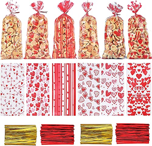 102 Stücke Valentinstag Süssigkeiten Beutel Probuk 13*27cm 6 Motive Transparent Cellophantüten Candy Bar mit 102 Twist Krawatten,Thema Party Lieferungen Geschenktütchen für Bonbon Plätzchen Schokolade Cover