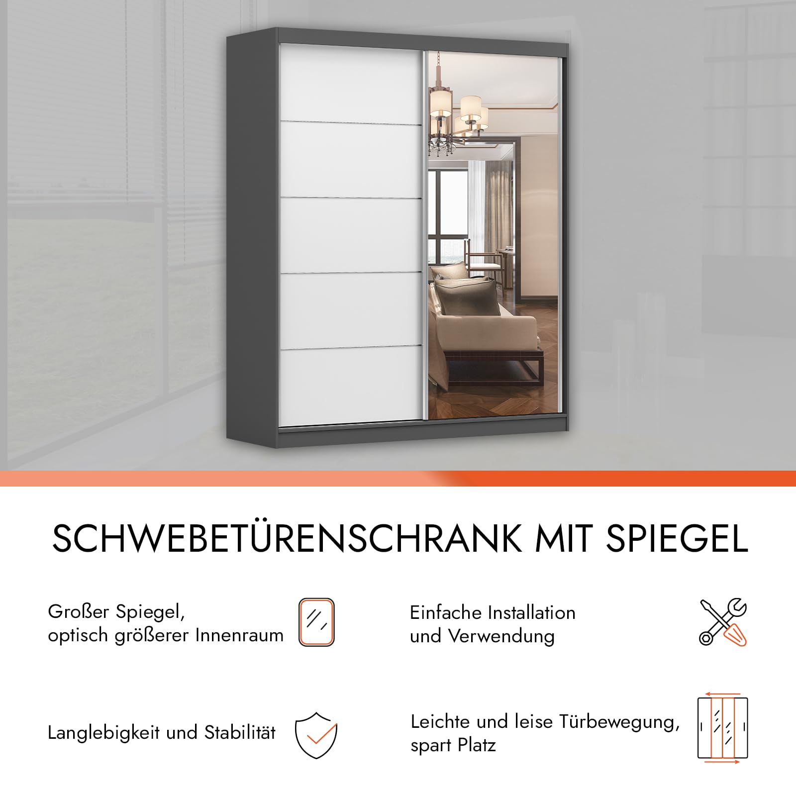 Fabryka Mebli Idźczak Kleiderschrank mit Spiegelfront & Schiebetüren Weiß Grau - platzsparend & geräumige Fachaufteilung mit Kleiderstange - moderner Stauraum für Schlafzimmer Ankleidezimmer