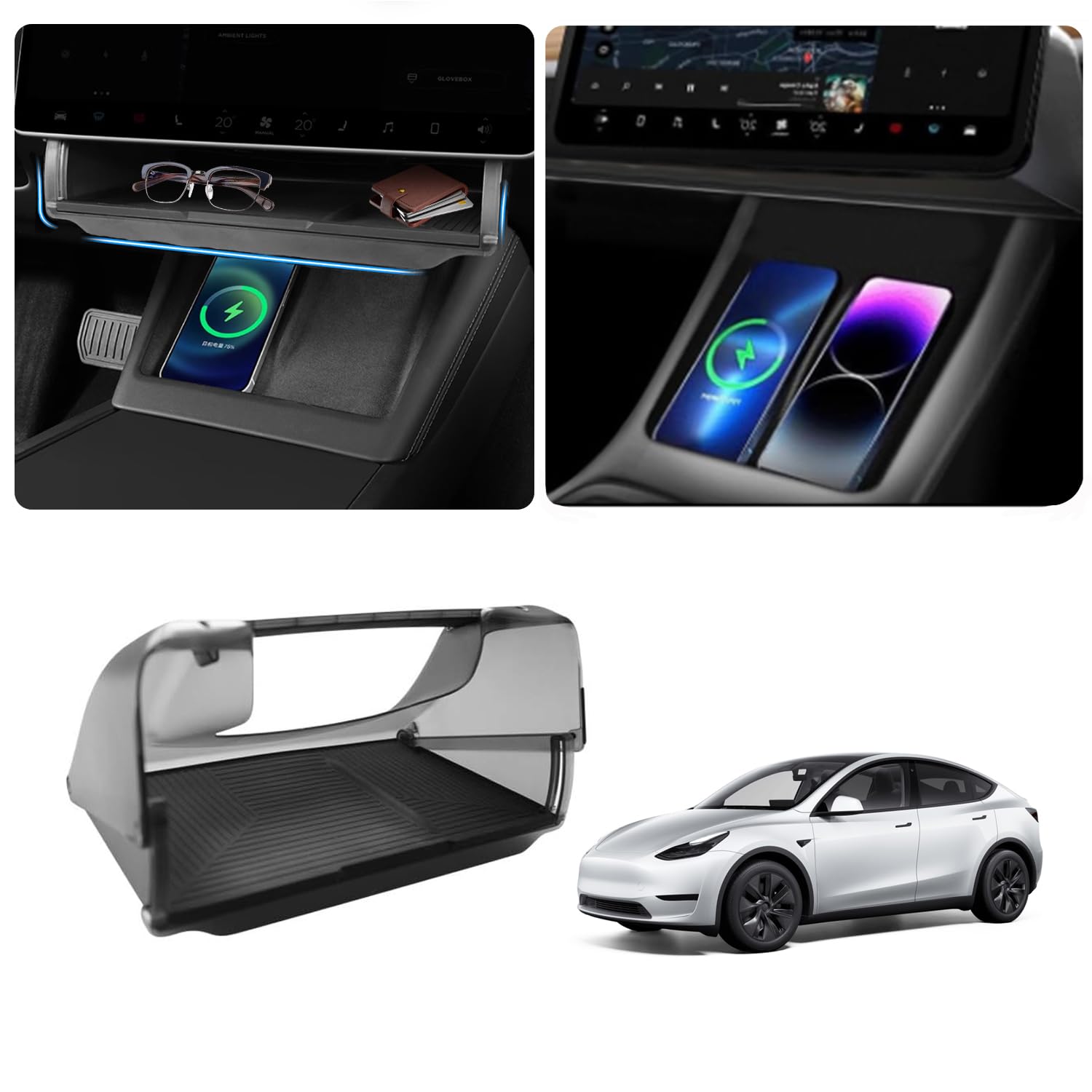 Caja de Almacenamiento Debajo de la Pantalla para Tesla Model Y 2020-2024 Model 3 2017-2023 Organizador sin Deslizamiento Establecimiento Oculto de Almacenamiento la Consola Central