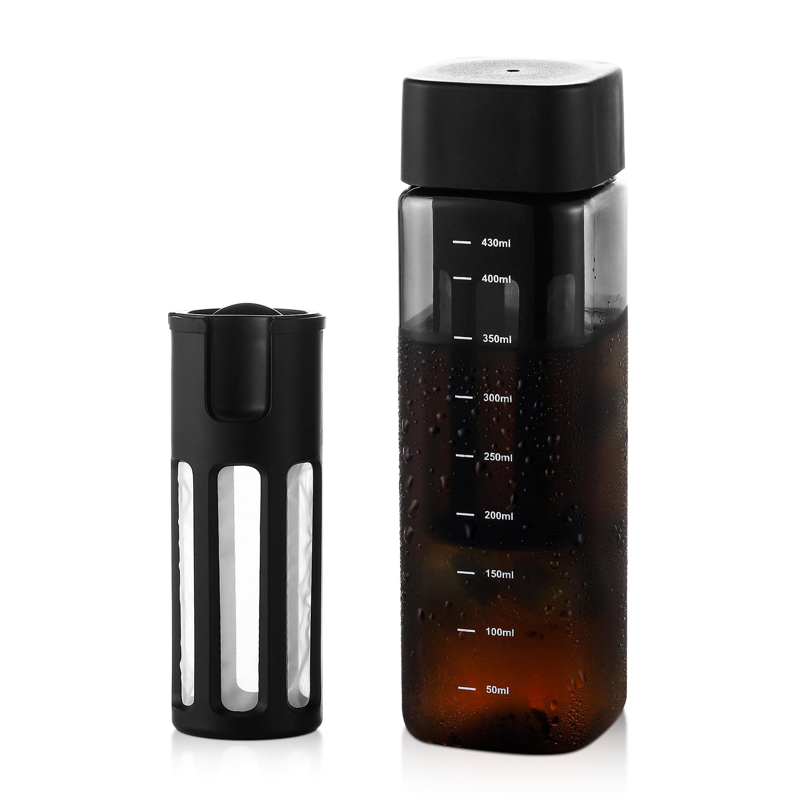 Bincoo480ml Portable Cold Brew Cup with Removable Filter&Clean Brush, Tritan Plastic Iced Coffee Maker, Rectangle Small Iced Coffee Cups with Scale for Iced Tea/Coffee BPA Free (Black), GYKF1727