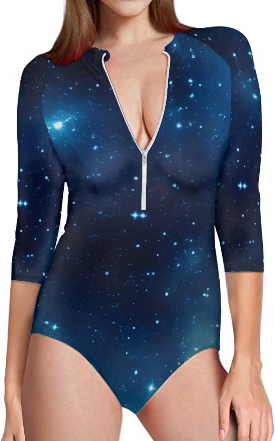 Women's One Piece Bathing Suit, Soft Breathable Front Zipper Short Sleeve Swimsuit Swimwear for Beach & Pool Party
