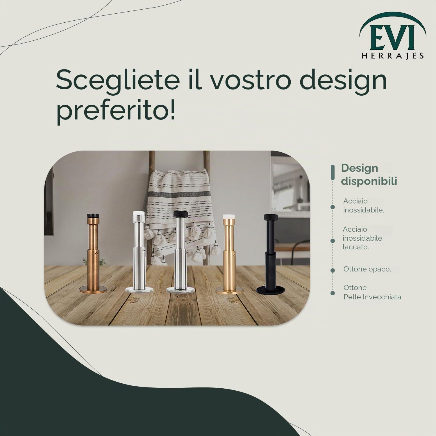 EVI HERRAJES Fermaporta da parete regolabile, installazione adesiva o con striscia fondo (Ottone Pelle Invecchiata)