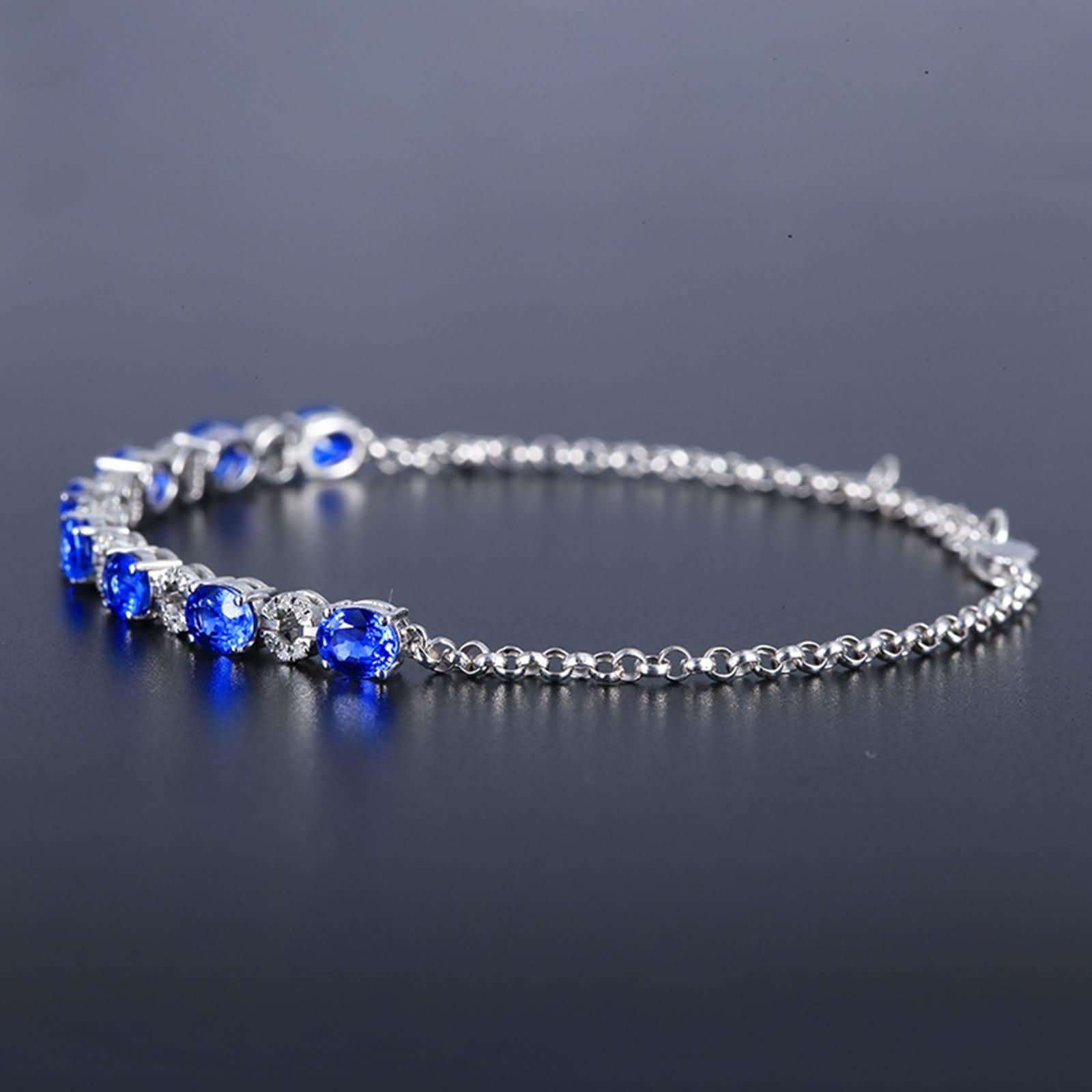 Bracciale Donna Oro Bianco 9 Kt / 14 Kt / 18 Kt 750, Ovale e Cavo con Zaffiro Creato da 3,62 ct e Moissanite, Regolabile 16 CM + 5 CM, Bracciali Catena Blu Argento Donna