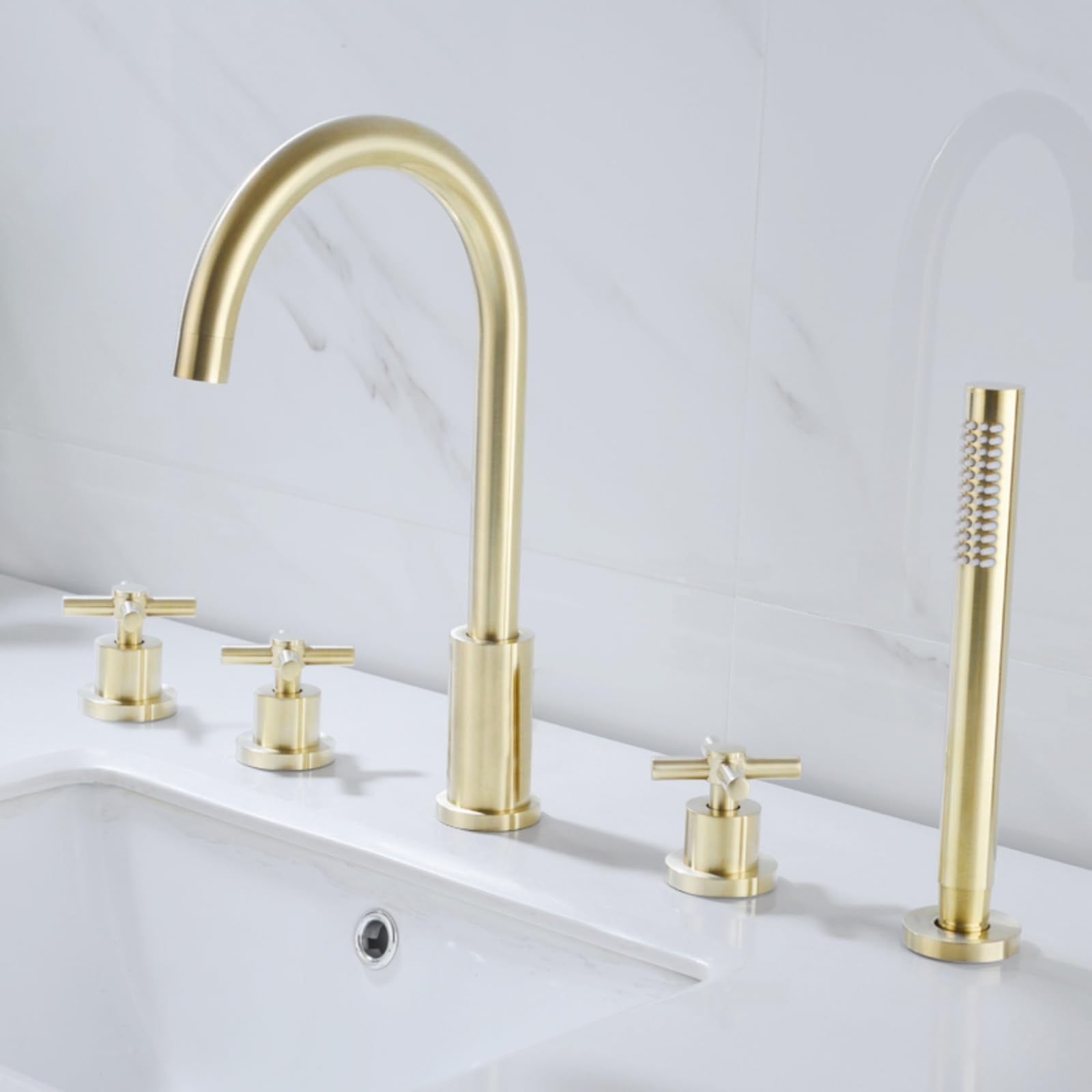 Robinet mitigeur de bain 4 trous doré brossé avec douchette