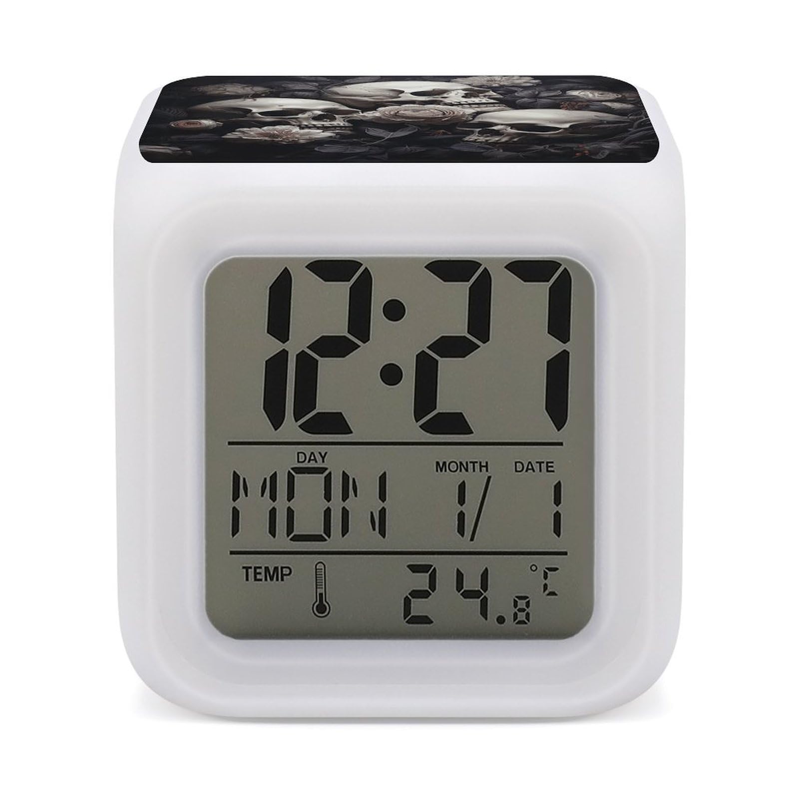 DWVTSLH Black and White Flowers and Skull Alarm Clock with 7 Color Changing Night Light, Wake Up Digital Clock for Bedroom, Bedside Cube Clock with Date, Temperature, Battery Operated Desk Clock Gift