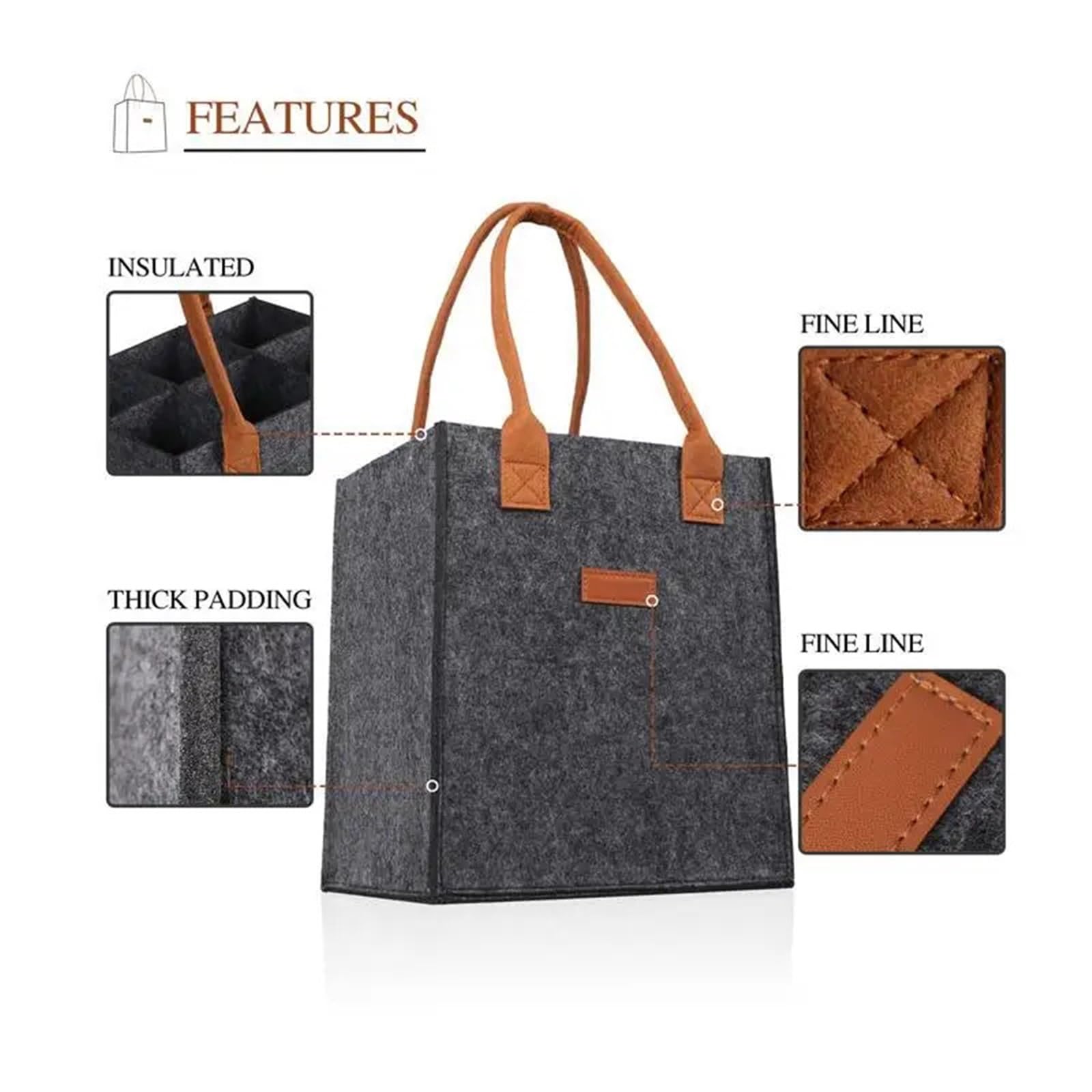2PCS 6/12 Compartment Bottle Holder for Wine Beer Water Portable Felt Bag Carrier with Handles for Wedding Travel Picnic für Wein & Bier(Black,S)