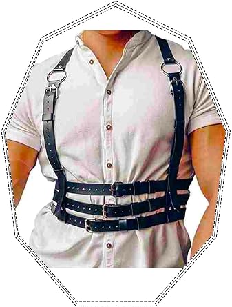 Fstrend Mens Mardi Gras Chest Harness, Faux Leather Shoulder Strap Belt, Black Fashion Rave Outfits Body Accessory