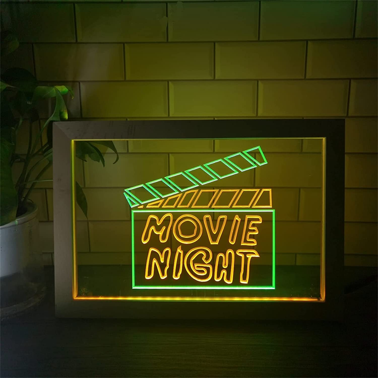 KRHINO Cartel de neón LED de noche de película, luces de neón de luces de noche USB de cine con marco de madera, letrero luminoso for colgar en la pared, 42X32cm Letrero de colores (Color : Green Yel