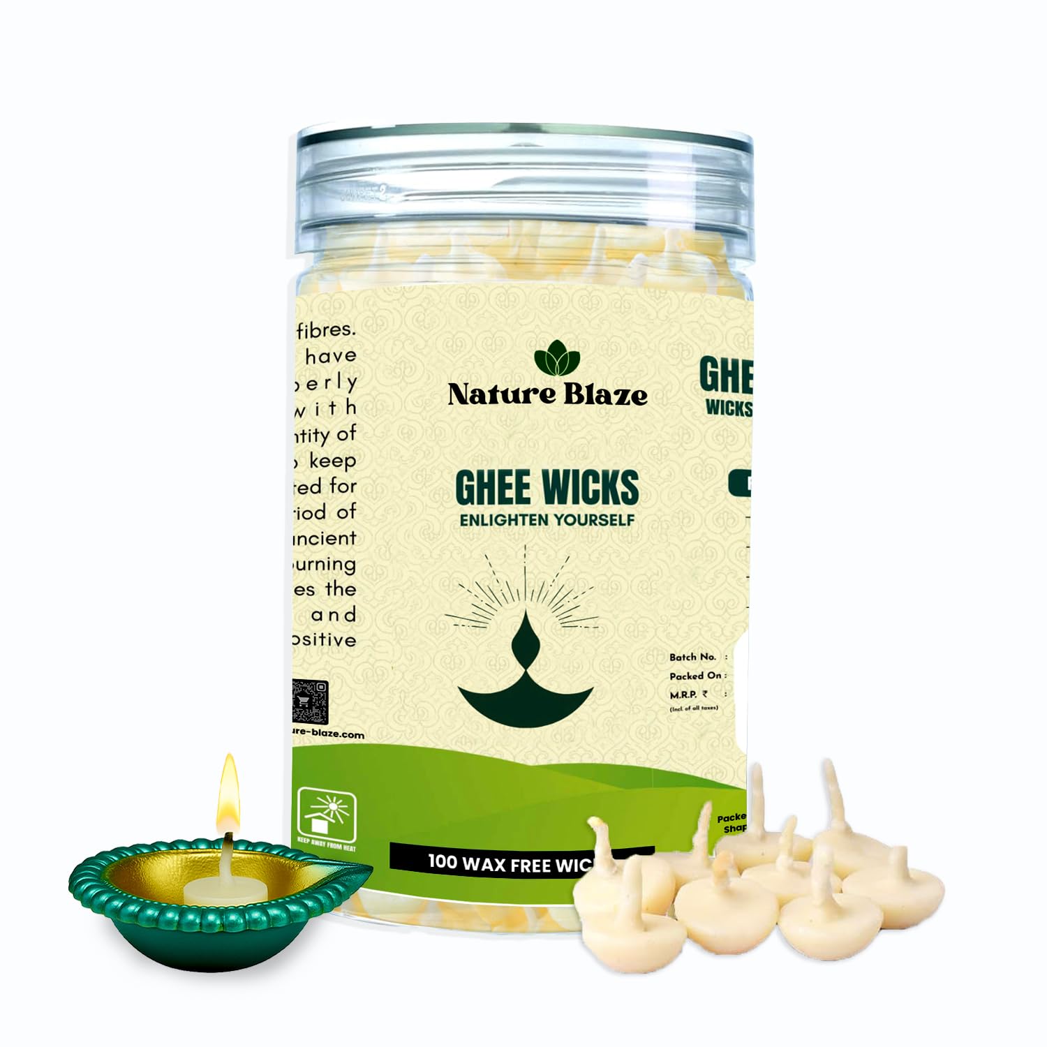 Nature Blaze Pure Cow Ghee Lamp (Pack of 100 Pcs) Readymade Ghee Cotton Wicks | Arti Diya for Pooja | Ghee Wicks Batti | Easy Ghee Diya Wicks|Ghee Candles Cow Ghee Wicks |Ghee Jyoti Batti