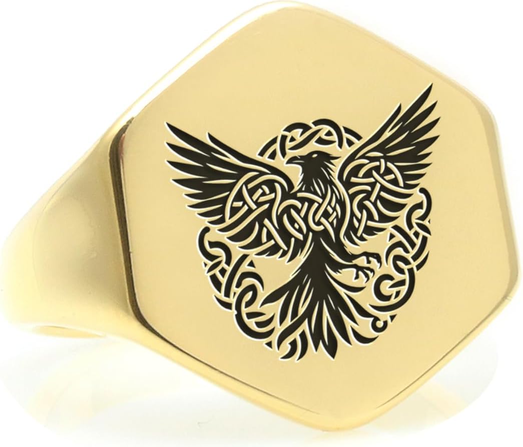 Custom Raven Signet Ring - Engraved Crow Design - Bold Hexagon Ring - Symbolic Jewelry - Unique Statement Piece