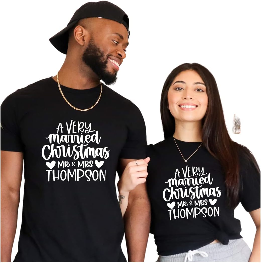 A Very Married Christmas Couple Outfits, His and Her Christmas Shirts for Couple, Our First Christmas As Mr and Mrs Christmas Shirts, Just Married Christmas Couples Pajamas Matching Sets Multicolor