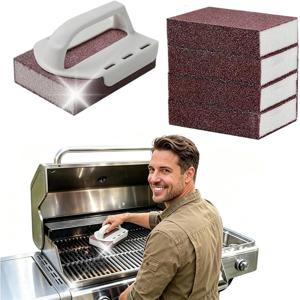 Decontamination Cleaning Brush, 2026 New Magic Cleaning Sponge, Nano Carborundum Emery Sponge Scrubber with Handle, Carbide Cleaning Brush, Rust Eraser Sponge for BBQ Grill (1 Handle+5 Sponge)