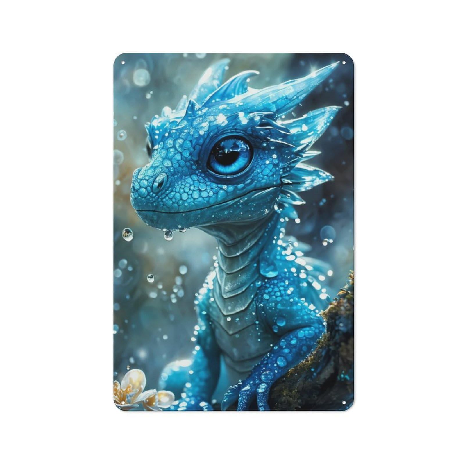 Junmoney Ice Blue Baby Dragon Metal Wall Sign 30X20cm, Rustic Decor For Hallway Wall, For Metal Sign Collectors, For Garage And Workshop Walls