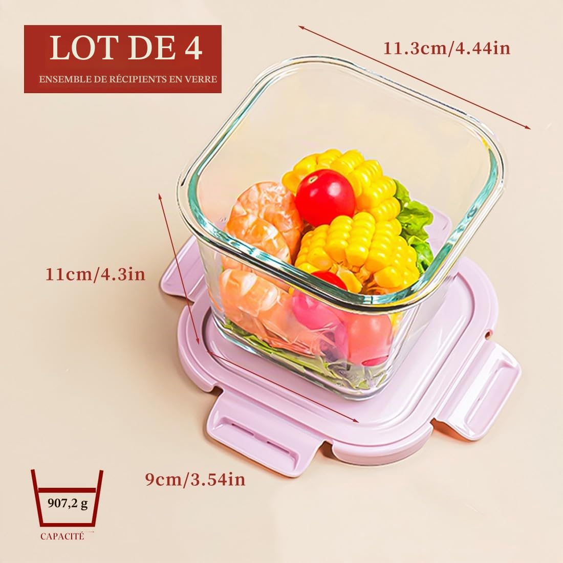 Lot de 4 Boîtes Alimentaire Hermétique en Verre, 800ml Boite de Conservation Verre avec Couvercle, Récipient Alimentaire Réutilisable Meal Prep Boîte Repas Carré,Passe au Micro-ondes et Lave-Vaisselle