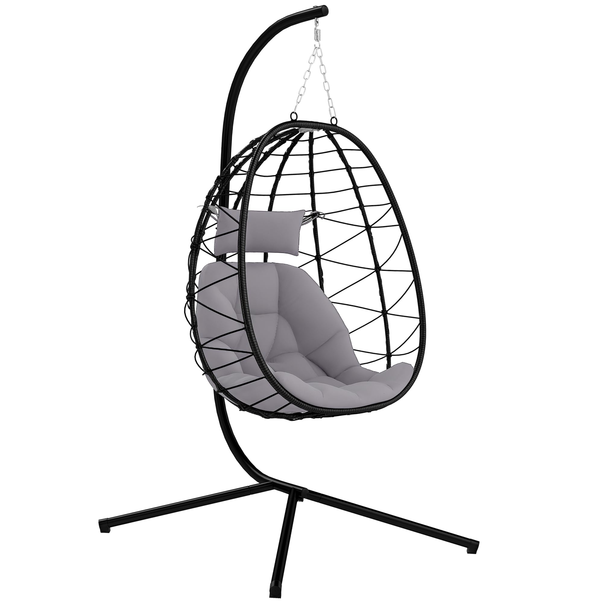 Outsunny Silla Colgante Huevo con Soporte Cesta Plegable 120 kg Gris | Columpio Jardín Exterior, Cojín y Reposacabezas, Columpio Colgante, para Interior y Exterior