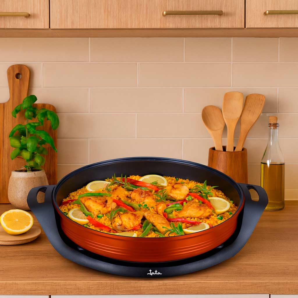 Jata JEPE1639 Poêle à paella électrique anti-adhésive de 38 cm de diamètre et 5 cm de profondeur Chaleur uniforme sur toute la surface 2000 W