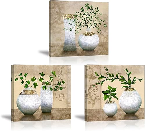 Miniatura 1 de SZ - Arte de pared de 3 piezas para sala de estar, elegante lienzo de plantas verdes de primavera en jarrones blancos sobre imagen beigemarrón