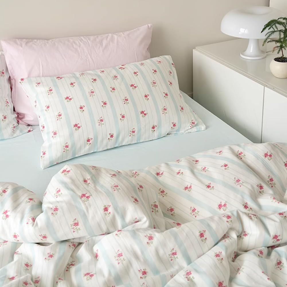 Michorinee Floral Single Duvet Cover Set Blue and White Striped Bedding Set including Zipper Closure 2pcs Microfiber Quilt Cover 135 x 200 and Pillow Case 50 x 75 cm - Image 3
